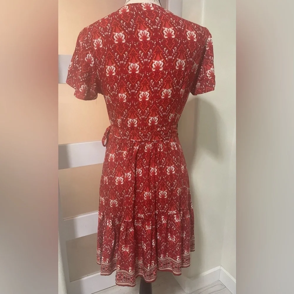 Red Floral Wrap Mini Dress - Women's V-Neck Short Sleeve - Picture 5 of 11